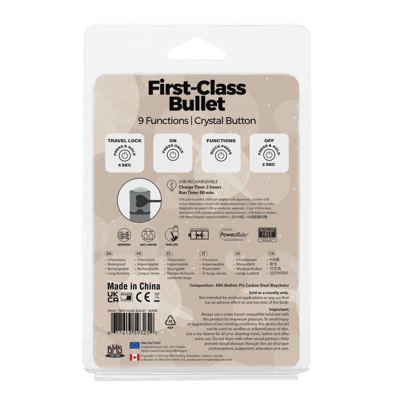 Power Bullet First Class Rechargeable Bulllet w Crystal Silver
