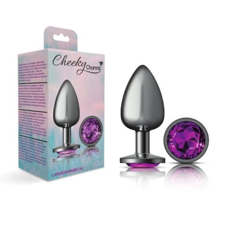 Cheeky Charms Gunmetal Round Butt Plug w Purple Jewel Large