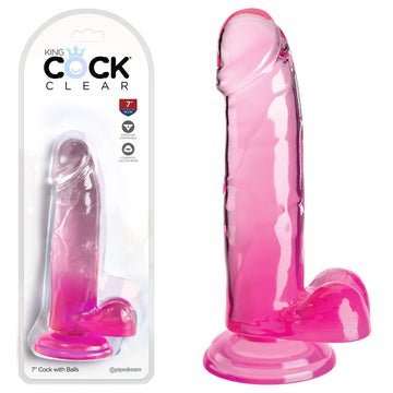 King Cock Clear 7'' Cock with Balls - Pink